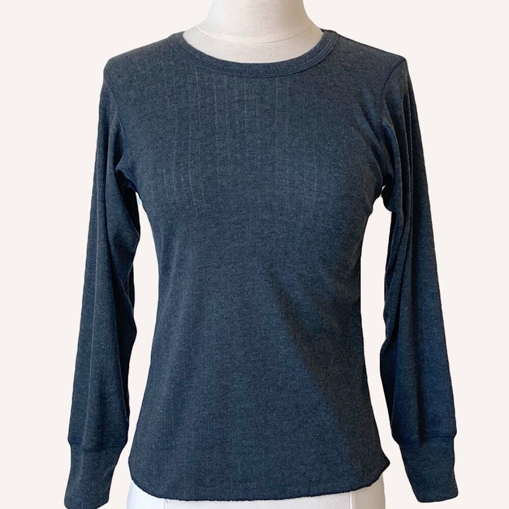 Gray Pointelle Knit Crew Neck Top